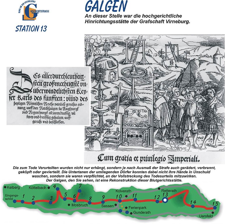 Informationstafel, Erster Abschnitt der Geschichtsstraße Kelberg: Station 13 "Galgen" mit einem Ausschnitt des Titelkupfers der "Constitutio Criminalis Carolina" von 1532.