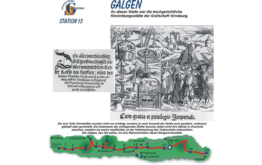 Informationstafel, Erster Abschnitt der Geschichtsstraße Kelberg: Station 13 "Galgen" mit einem Ausschnitt des Titelkupfers der "Constitutio Criminalis Carolina" von 1532.