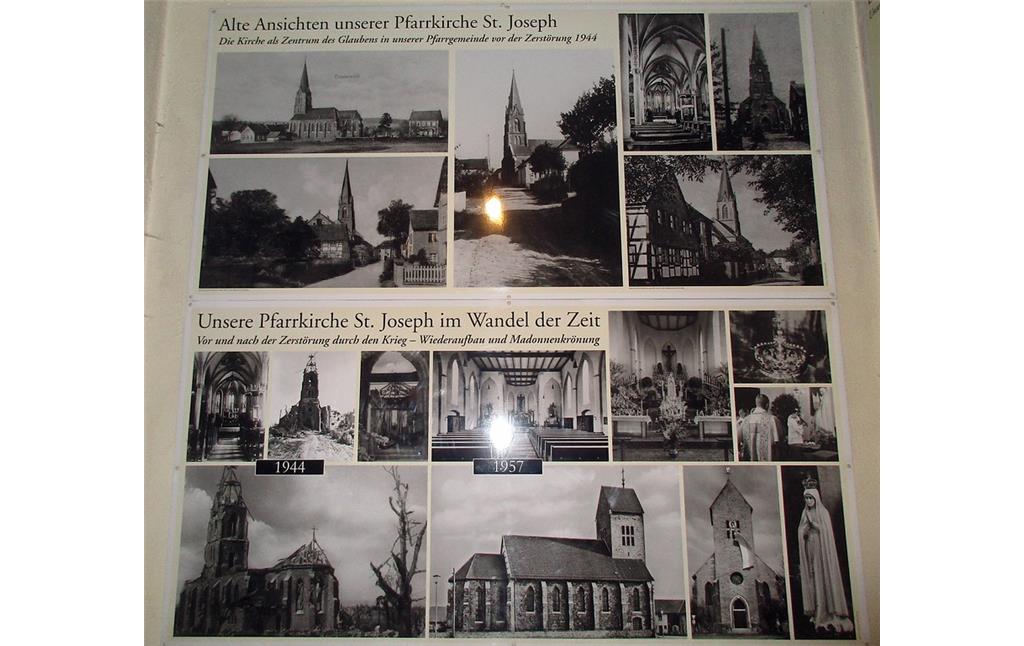 Im Inneren des Gotteshauses befindliche Fotodokumentation zu der nach dem Zweiten Weltkrieg wieder aufgebauten Pfarrkirche St. Joseph in Vossenack (2017).