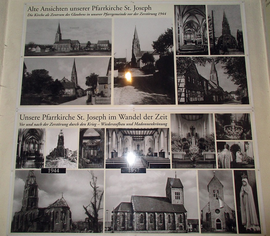 Im Inneren des Gotteshauses befindliche Fotodokumentation zu der nach dem Zweiten Weltkrieg wieder aufgebauten Pfarrkirche St. Joseph in Vossenack (2017).