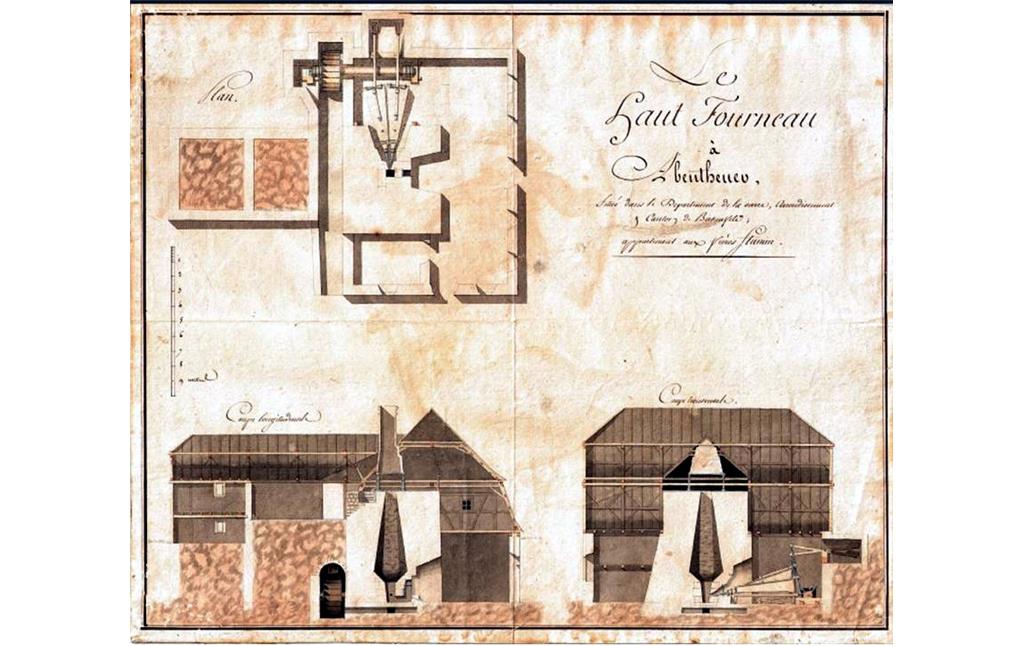 Historische Planzeichnung des Hochofens der ehemaligen Eisenhütte in Abentheuer (undatiert, wohl um 1786).