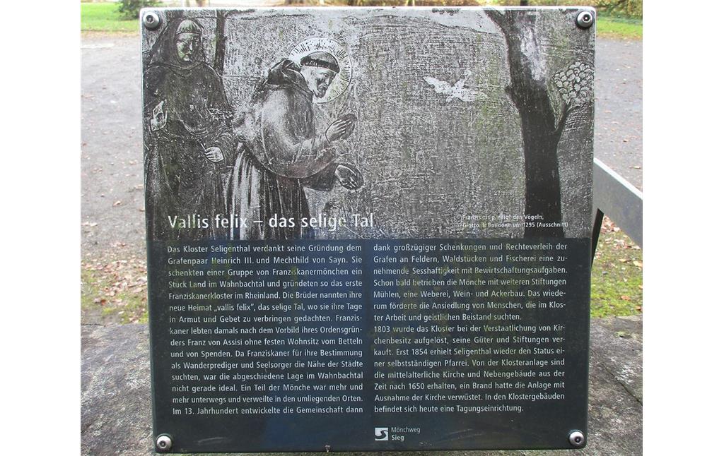 Kloster Seligenthal bei Siegburg: Informationstafel des "Mönchweg Sieg" zum "Vallis felix - das selige Tal" (2016).