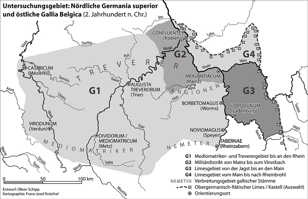 Kartendarstellung von Teilen der römischen Provinzen "Germania superior" und "Gallia Belgica" im 2. Jahrhundert n. Chr. (2014).