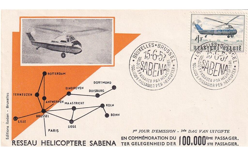 Werbepostkarte der belgischen Fluggesellschaft Sabena aus Anlass des 100.000sten Passagiers der europäischen "Heliport"-Hubschrauberflugplätze (15. Juni 1957).