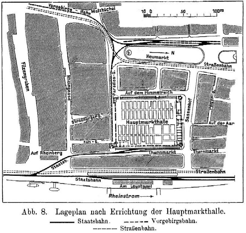 Die Lage des Kölner Heumarkts und der 1903/04 erbauten Hauptmarkthalle mit den umgebenden Straßen sowie den Straßenbahn- und Bahngleisen (1906).
