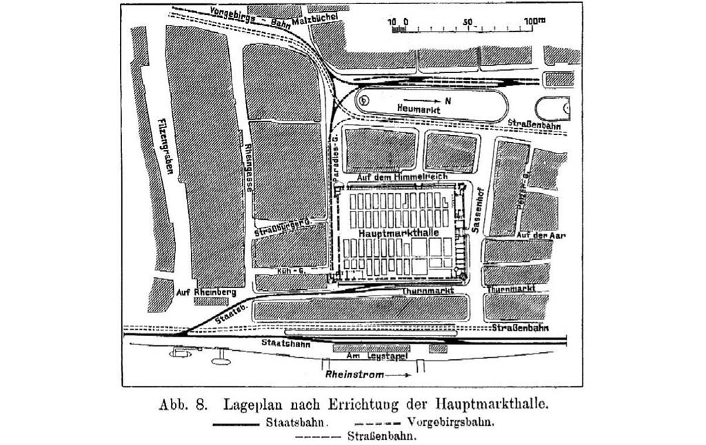 Die Lage des Kölner Heumarkts und der 1903/04 erbauten Hauptmarkthalle mit den umgebenden Straßen sowie den Straßenbahn- und Bahngleisen (1906).