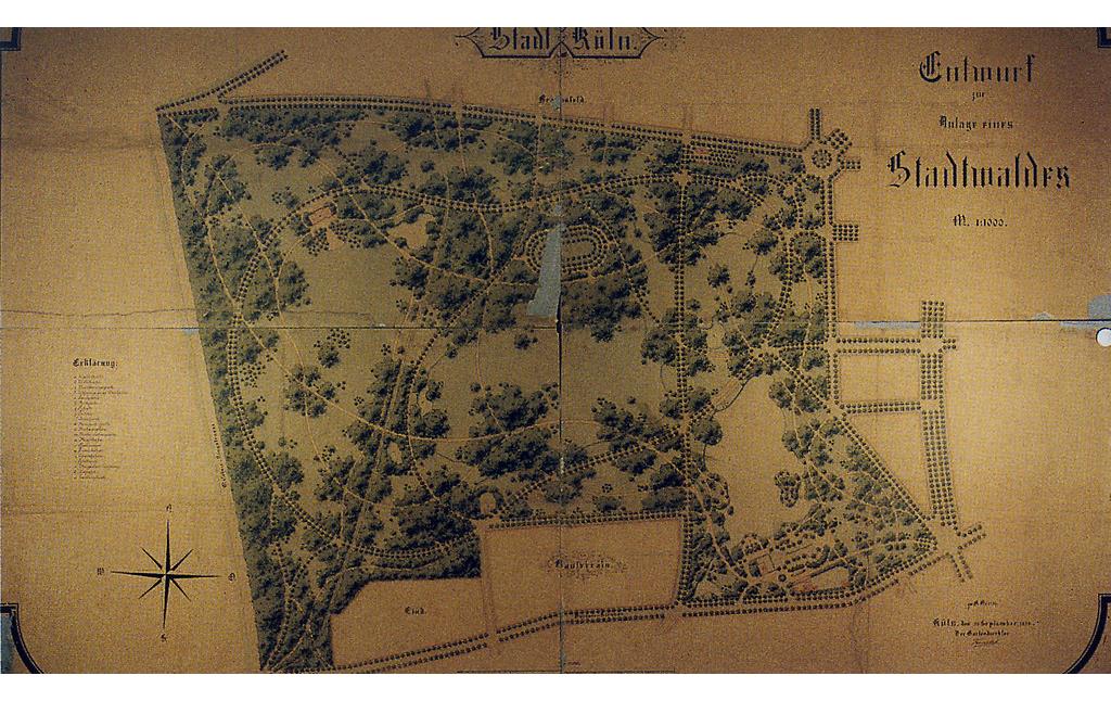 Historische Planzeichnung aus dem Jahr 1895 "Entwurf zur Anlage eines Stadtwalds" von Adolf Kowallek (1852-1902).