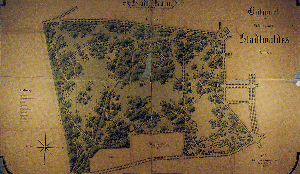 Historische Planzeichnung aus dem Jahr 1895 "Entwurf zur Anlage eines Stadtwalds" von Adolf Kowallek (1852-1902).