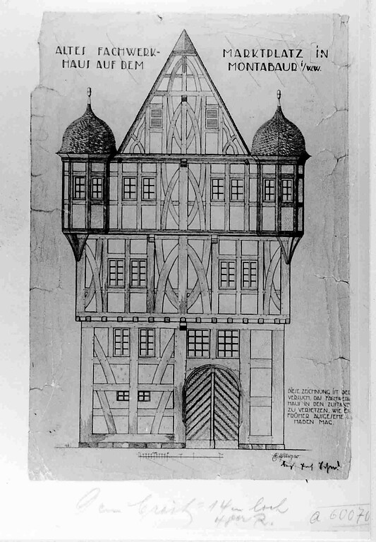 Historische Rekonstruktionszeichnung vom Fachwerkhaus Großer Markt 16-18 in Montabaur (um 1920)