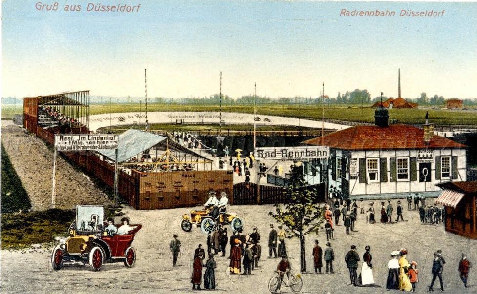 Historische Postkarte "Gruß aus Düsseldorf" (um 1907-1914) mit der Radrennbahn Düsseldorf im 1909 eingemeindeten Stadtteil Lörick.