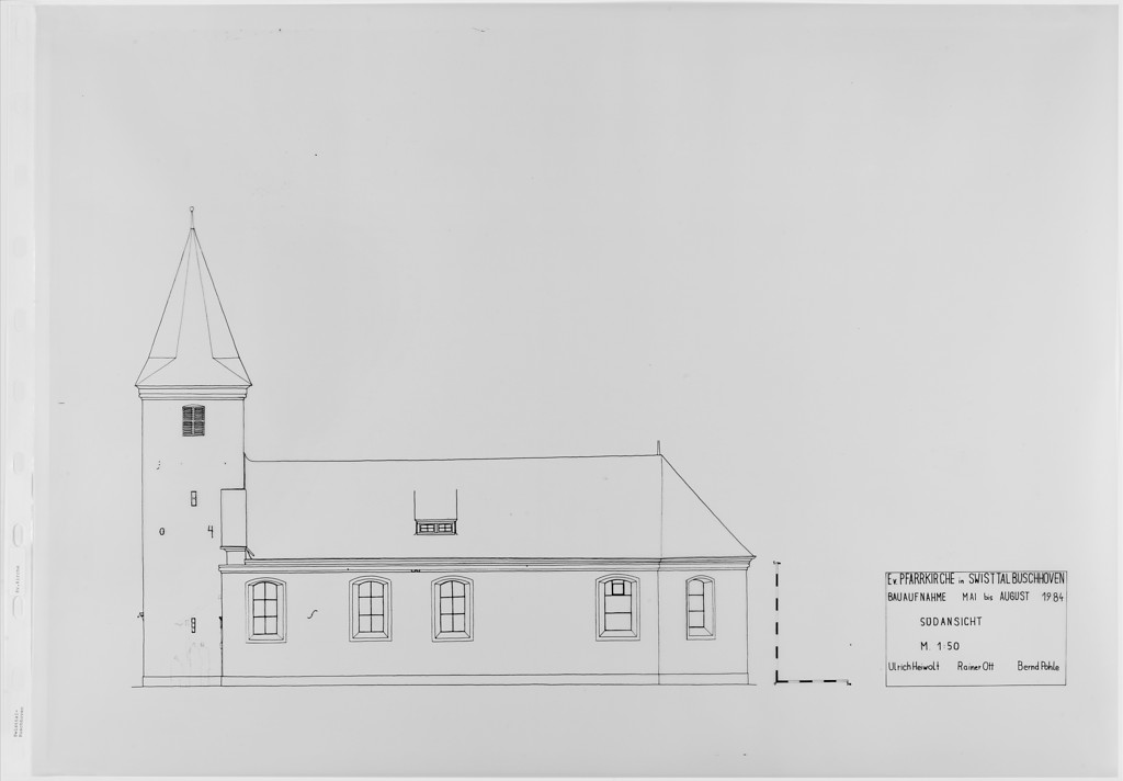 Plan der evangelischen Versöhnungskirche der Bauaufnahme Mai bis August 1984, Südansicht