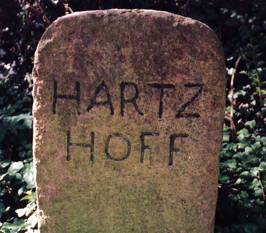 Grenzstein mit der Aufschrift "Hartzhoff" beim Harzhof auf dem alten Heerweg in Haby (2013).
