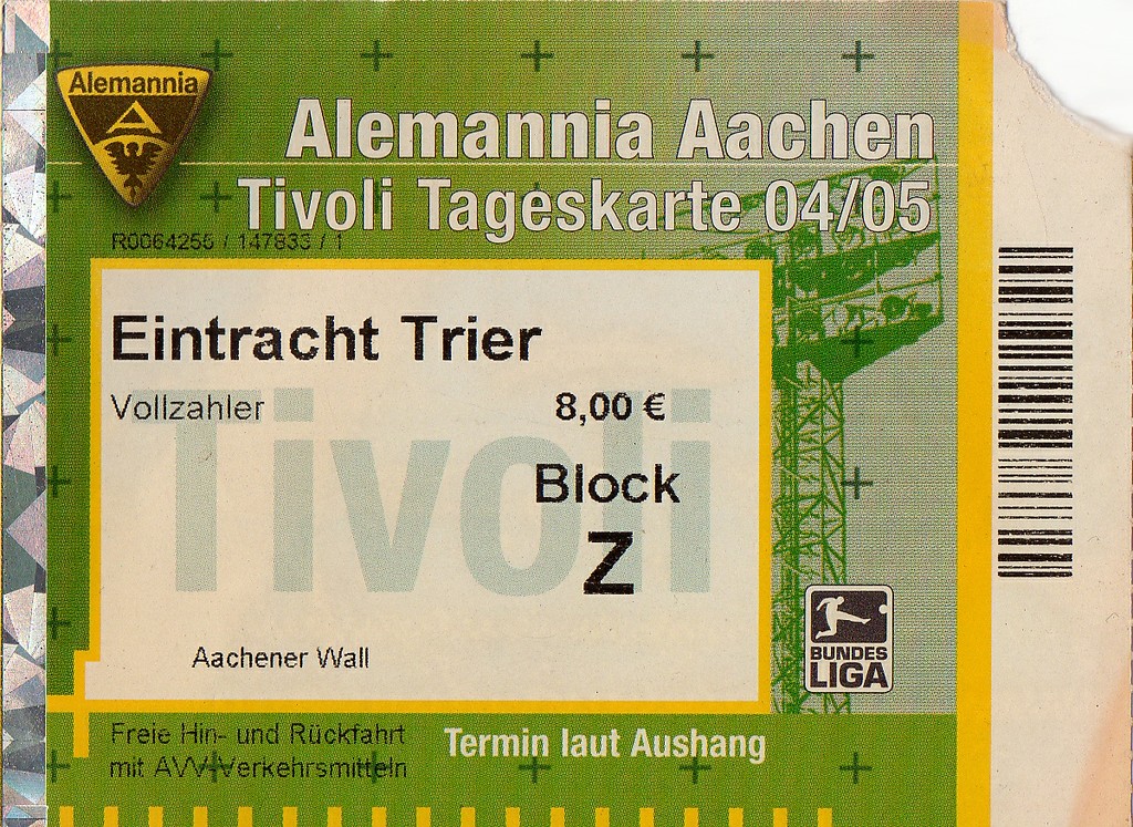 Eintrittskarte zu einem Zweitliga-Fußballspiel zwischen Alemannia Aachen und Eintracht Trier im Aachener Fußballstadion "Alter Tivoli" (Saison 2004/05).