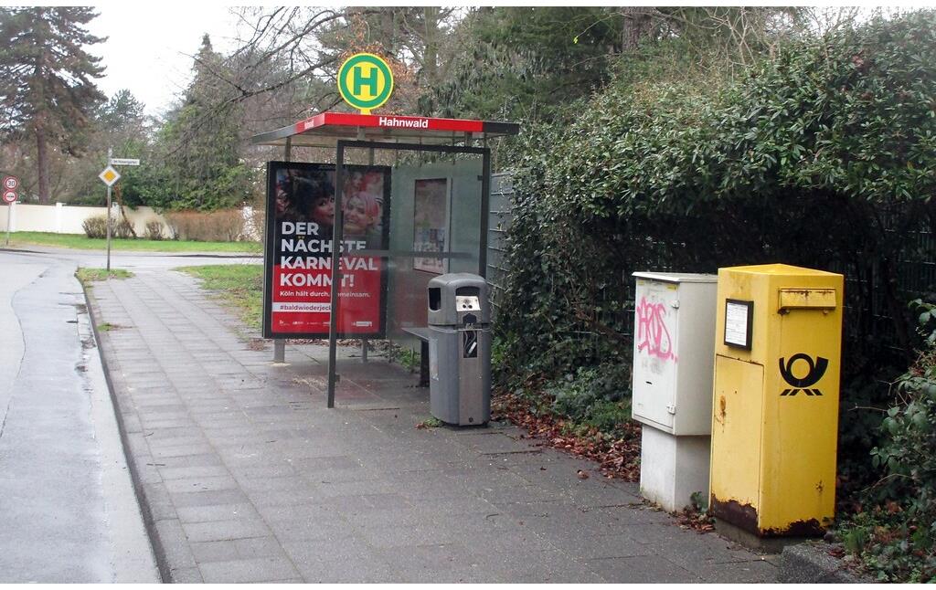 Die einzige Bushaltestelle des Villenviertels in der Straße Unter den Birken in Köln-Hahnwald (2021).