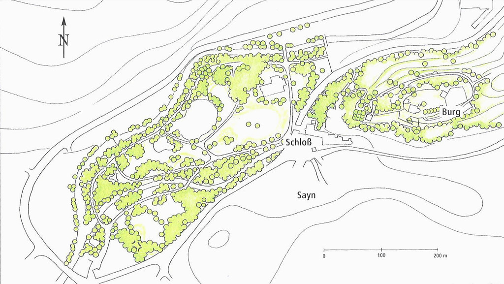 Planskizze des Sayner Schlossparks mit Schloss, Burg und Umgebung (um 2010)