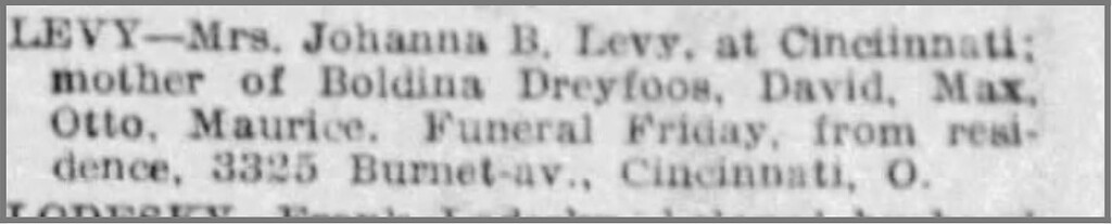 Todesanzeige in der Chicago Tribune zum Tod Johanna Levys, geb. Blatt, vom 12.01.1923