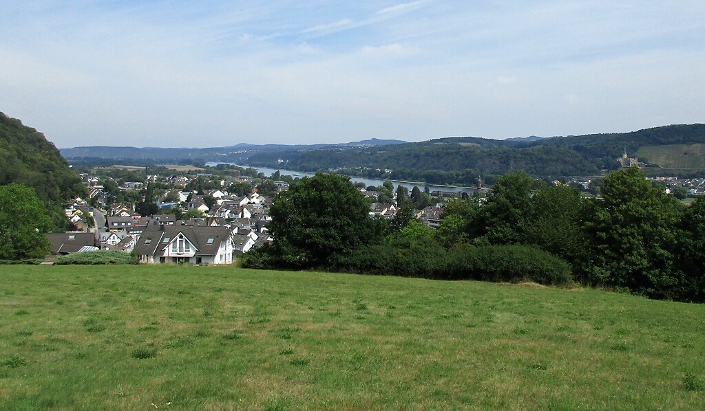 Blick von einer Anhöhe über dem Rhein in Richtung der Kurstadt Bad Breisig (2020).