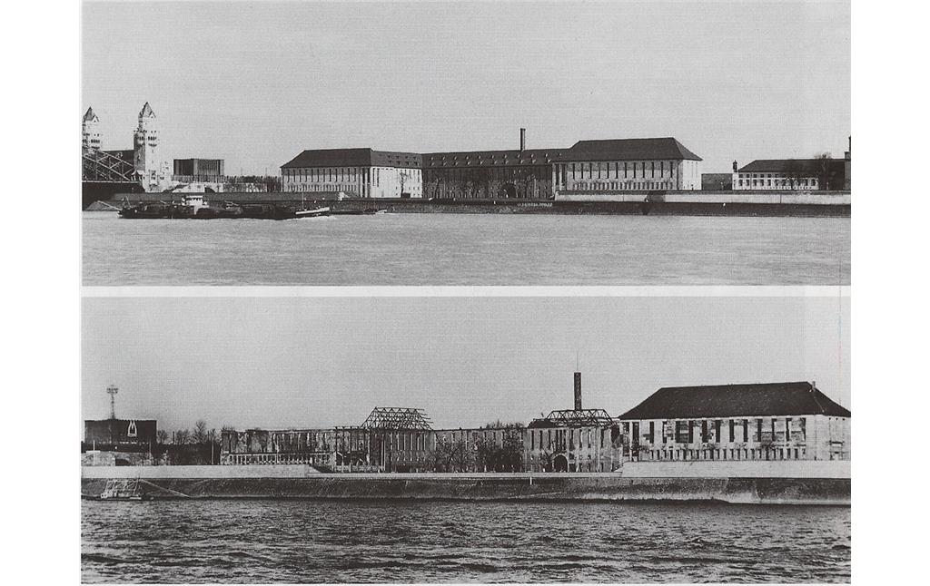 Das "Haus der rheinischen Heimat", der Vorgängerbau des LVR-Landeshauses am heutigen Kennedy-Ufer in Köln-Deutz vom Rhein aus gesehen, oben 1920 (links im Bild die Hohenzollernbrücke), unten 1954 mit Kriegszerstörungen.