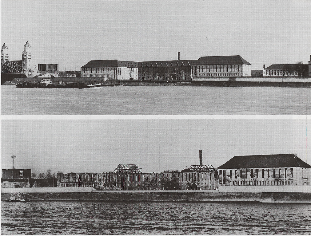 Das "Haus der rheinischen Heimat", der Vorgängerbau des LVR-Landeshauses am heutigen Kennedy-Ufer in Köln-Deutz vom Rhein aus gesehen, oben 1920 (links im Bild die Hohenzollernbrücke), unten 1954 mit Kriegszerstörungen.