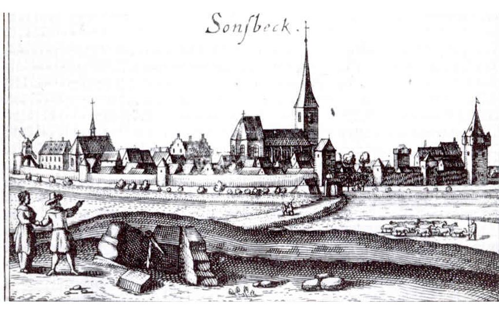 Historischer Stich mit einer Ansicht von Sonsbeck; Ansicht vermutlich aus westlicher Richtung, links im Bild sind Gebäude des früheren Andreasklosters zu sehen (undatiert).