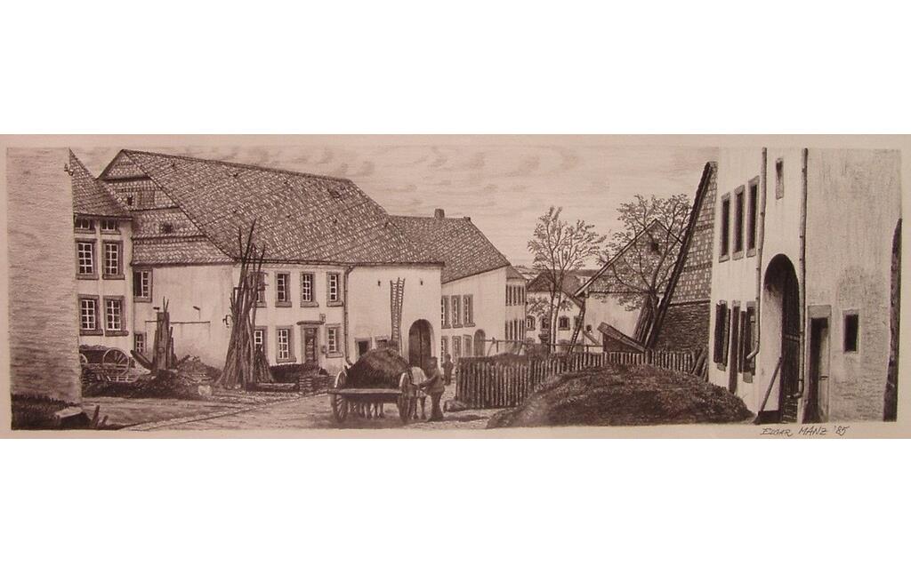 zeichnerische Rekonstruktion der Dorfstraße in Berglicht, Ortsteil Berg (um 1900)