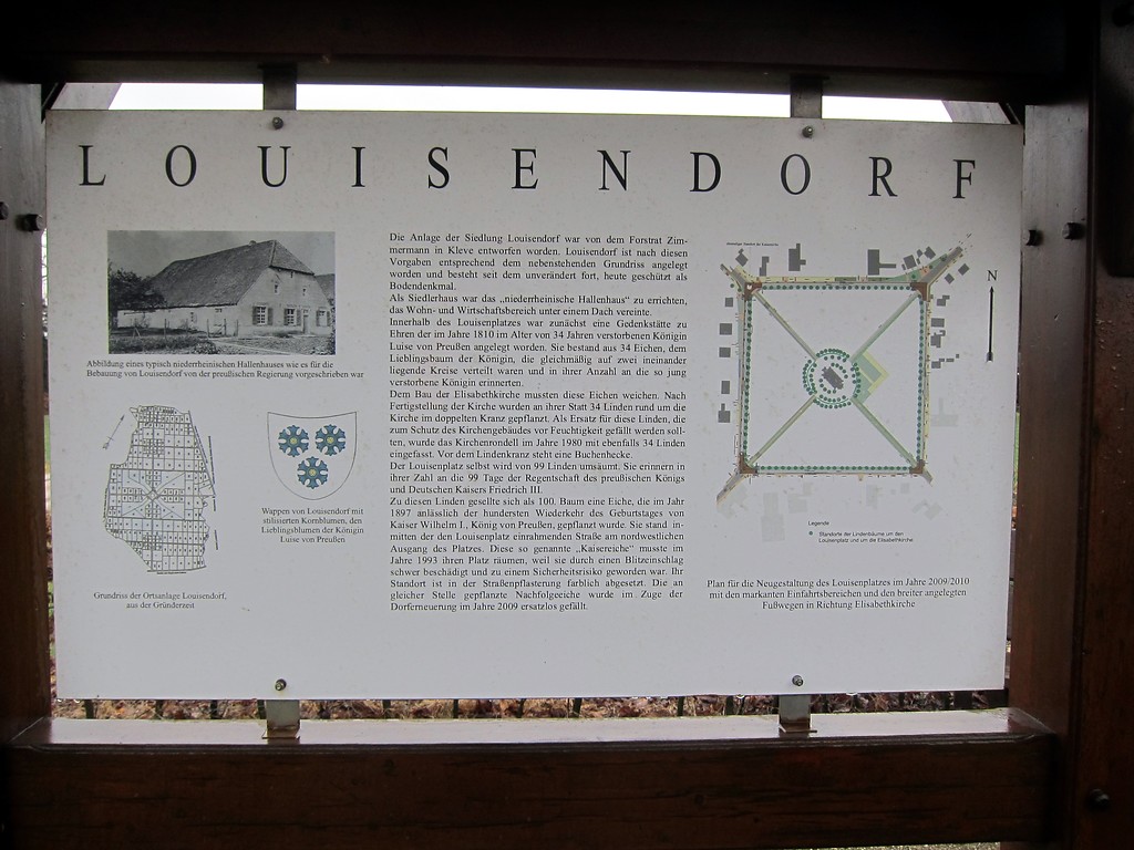 Informationstafel in Louisendorf bei Bedburg-Hau, die über die Siedlungsgeschichte des Ortes informiert (2015)