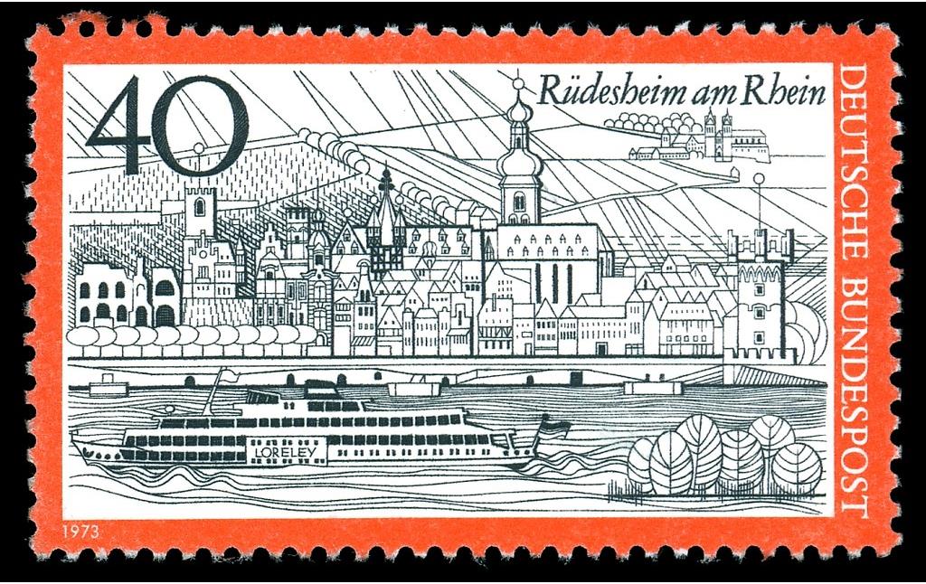 Schematische Darstellung der Stadtsilhouette von Rüdesheim am Rhein auf einer Briefmarke der Serie "Fremdenverkehr" der Deutschen Bundespost von 1973. Auf dem Rhein fährt ein "Loreley" benanntes Ausflugsschiff.