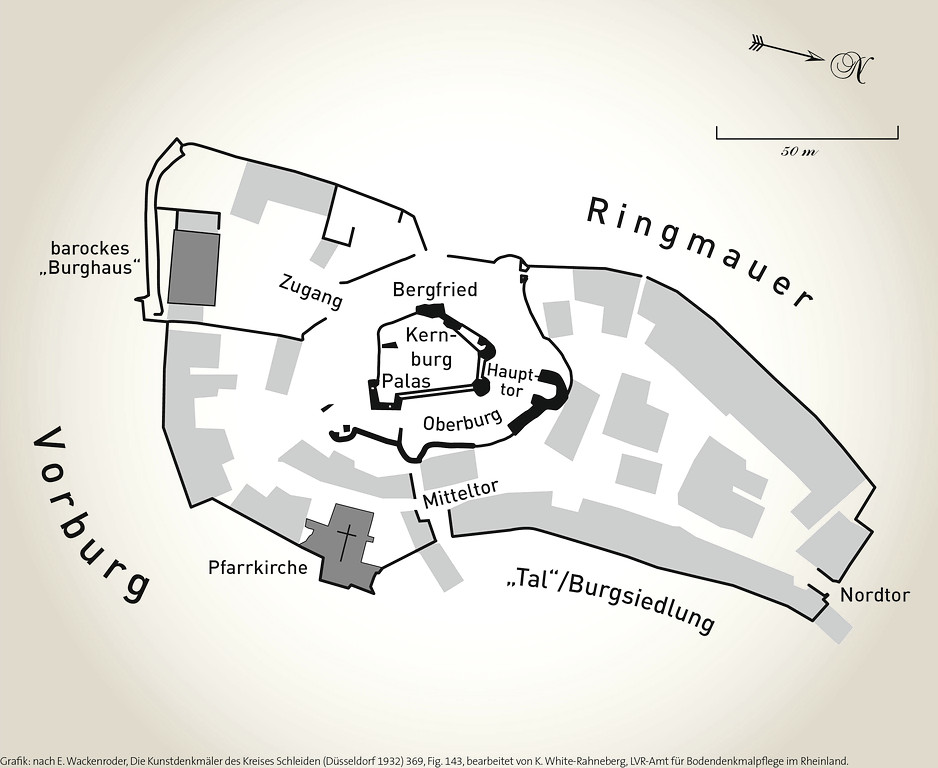 Der Grundriss der Burg Kronenburg mit Vorburg und befestigter Burgsiedlung