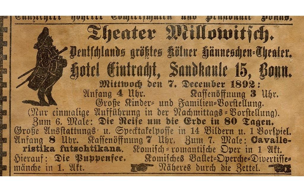 Historische Zeitungsannonce von 1892 zu einem Gastspiel des Kölner "Theater Millowitsch" in Bonn