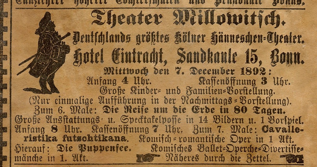 Historische Zeitungsannonce von 1892 zu einem Gastspiel des Kölner "Theater Millowitsch" in Bonn