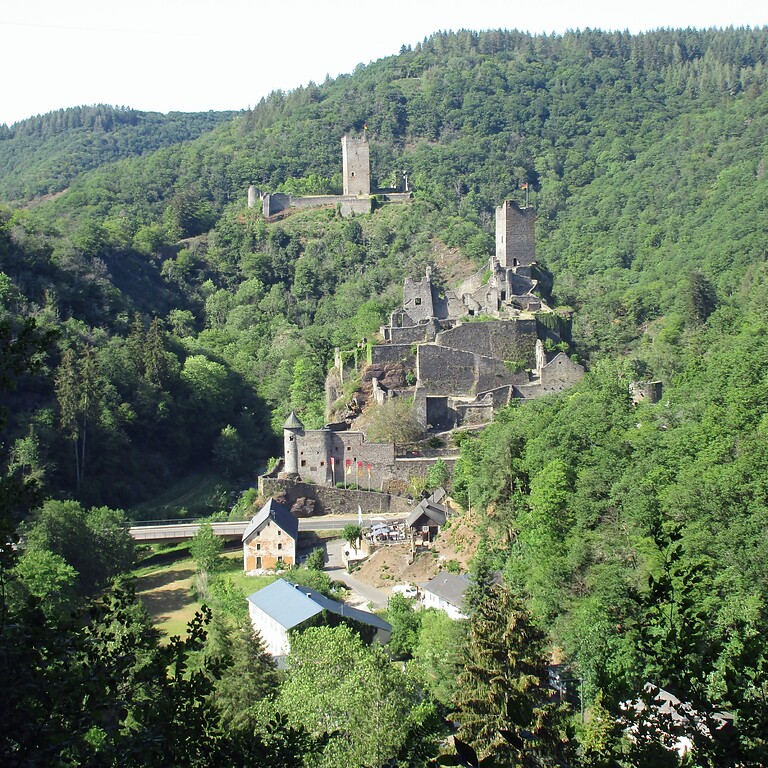 Blick aus südlicher Richtung auf die beiden Manderscheider Burgen, vorne die Niederburg, dahinter die Oberburg (2020).