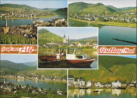 Postkarte aus Alf mit der Moselfähre in der Mitte (gelaufen um 1980)