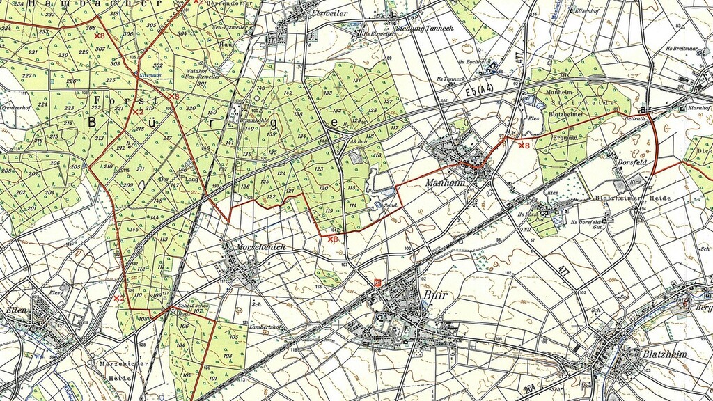 Ausschnitt aus der topographischen Karte 1:50:000, Blatt L 5104 Düren von 1979 entlang des damaligen Verlaufs der Bundesautobahn A 4 zwischen Düren und Kerpen.