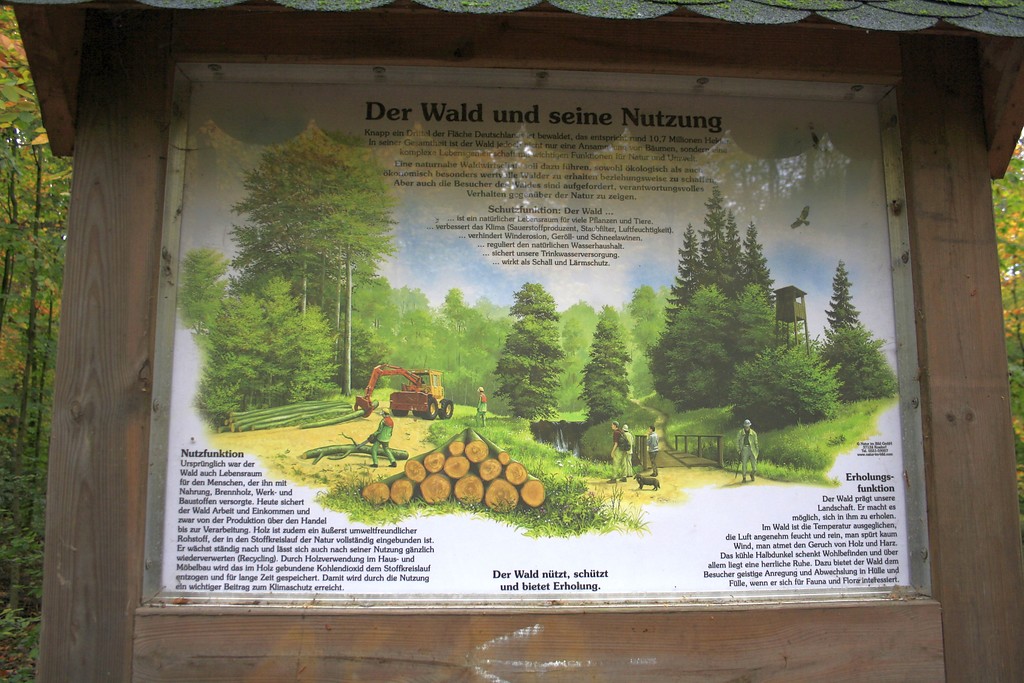 Die Informationstafel "Der Wald und seine Nutzung" im Wohnungwald in Voerde (2014).