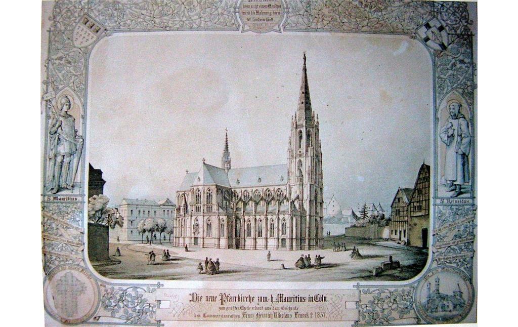 Replik einer Zeichnung aus dem Kirchenarchiv St. Mauritius mit dem neugotischen Kirchenbau am früheren Standort des Benediktinerinnenpriorats Sankt Mauritius in Köln (unbekannter Künstler aus dem späten 19. Jahrhundert)