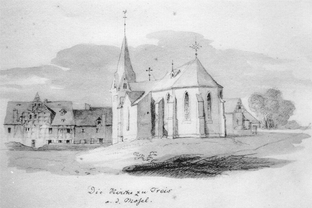 Zeichnung der ehemaligen Katharinenkirche in Treis (um 1900)