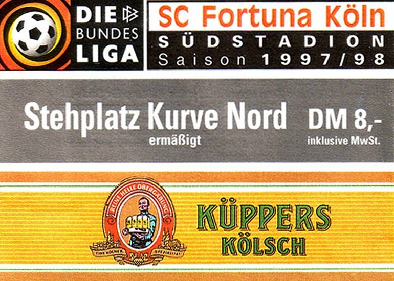 Eintrittskarte zu einem Fußballspiel des SC Fortuna Köln im Südstadion in Köln-Zollstock (Saison 1997/98).