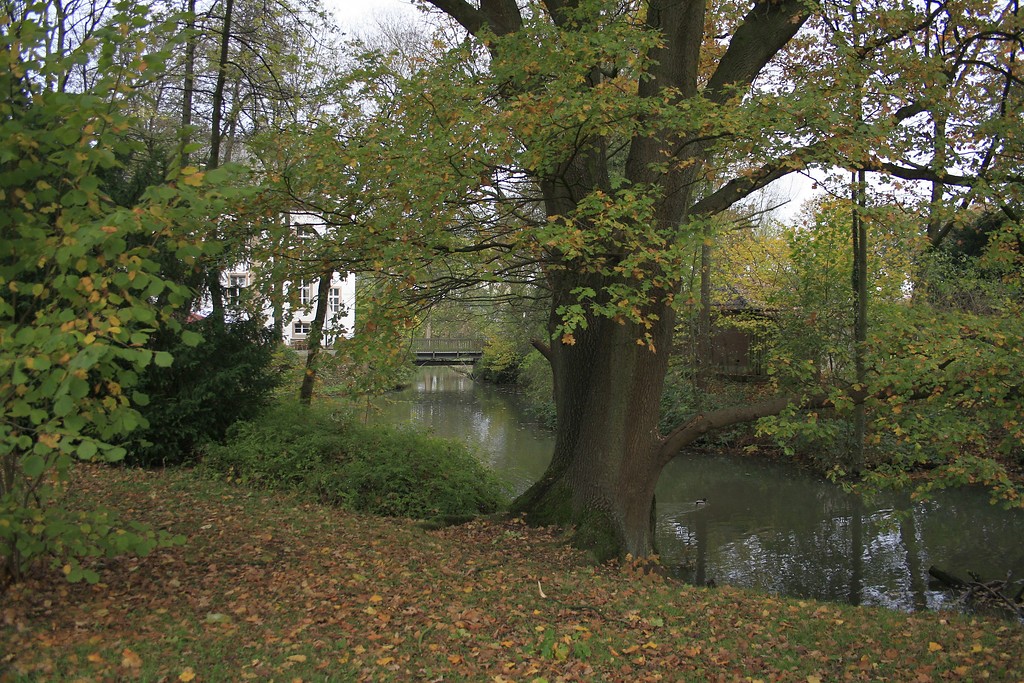 Blick vom Park auf die Gräfte der Wasserburg Haus Voerde an der Allee in Voerde. Die Wasserburg ist auch heute noch ringsum von Wasser umgeben. Im Hintergrund ist die weiße Burg und eine Brücke zu sehen, die über die Gräfte führt (2014).