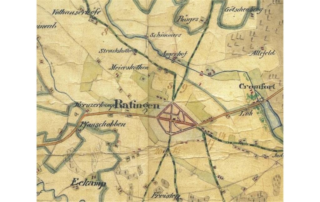 Karte von 1840 mit Eckamp. Es zeigt die Anger mit der Spinnerei Cromford und westlich davon den Angerhof. Ein stilisiertes Rad zeigt die Existenz einer Mühle an. Man sieht außerdem, dass die Angermühle in der Nähe des Stadtkerns von Ratingen lag.