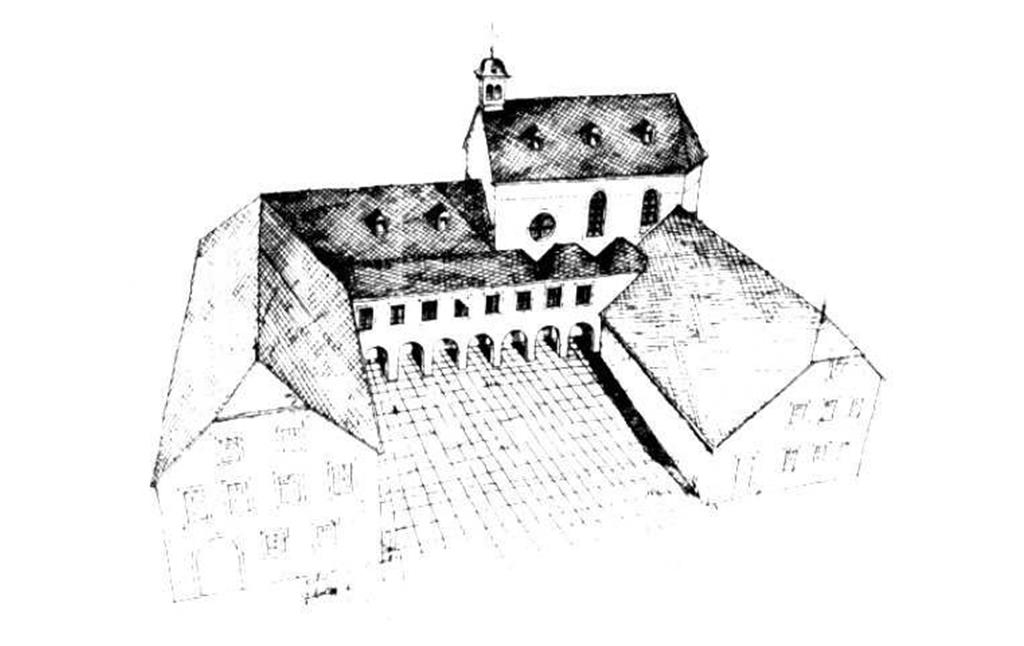 Perspektivische Rekonstruktionszeichnung des Architekten Stefan Hofhus von Kloster Rosenthal bei Binningen nach historischen Bauplänen aus dem Landeshauptarchiv in Koblenz (um 2002)