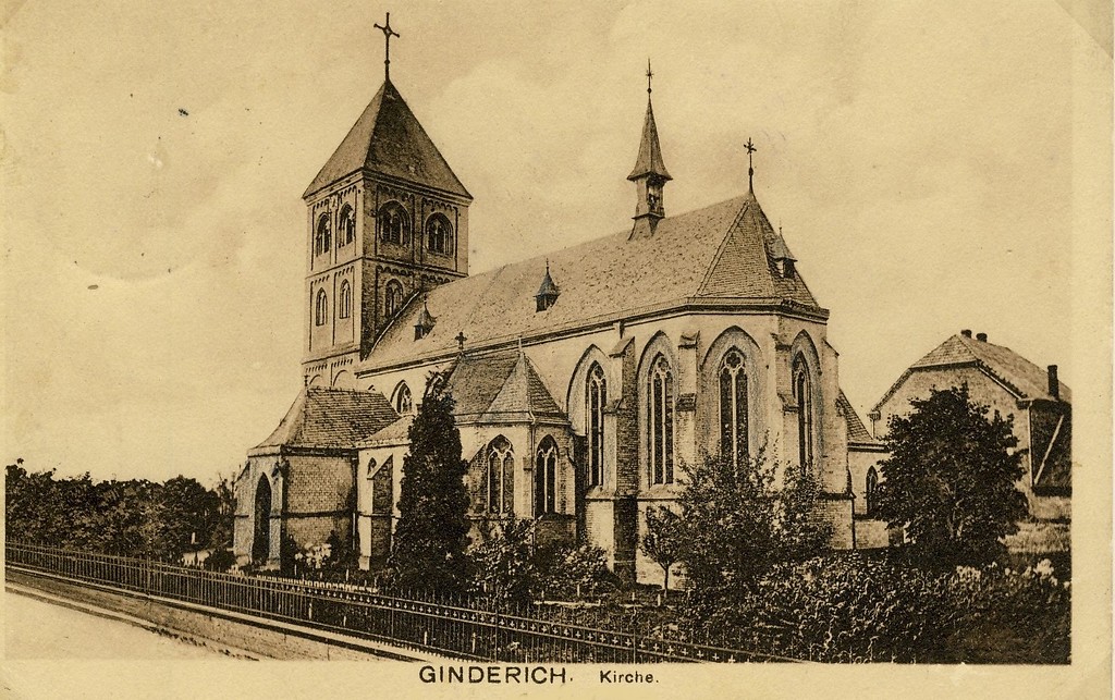 Ansicht der Wallfahrtskirche St. Mariä Himmelfahrt in Wesel-Ginderich auf einer historischen Postkarte (vermutlich vor 1930).