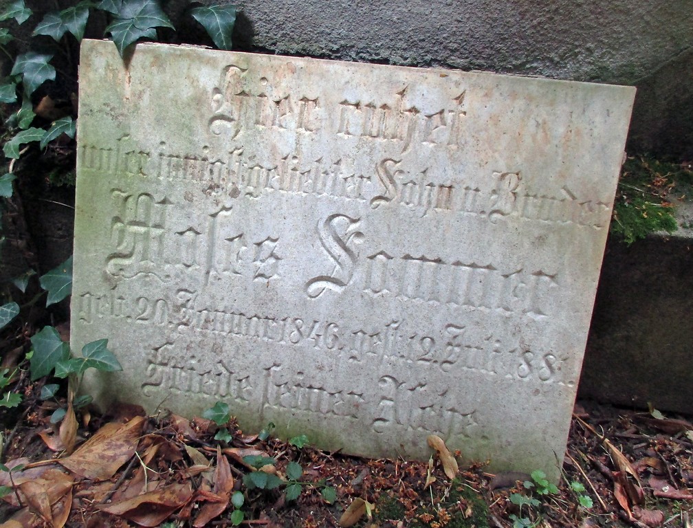 Jüdischer Friedhof Königswinter, die gegen den Grabstein gelehnte Gedenkplatte am Grabstein von Moses Sommer (2018).