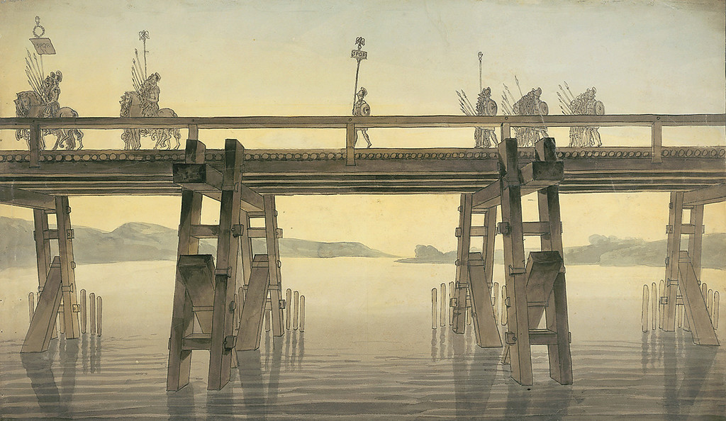 Rekonstruktionszeichnung "Julius Cäsars Brücke über den Rhein" des britischen Architekten John Soane (1753-1837) von 1814