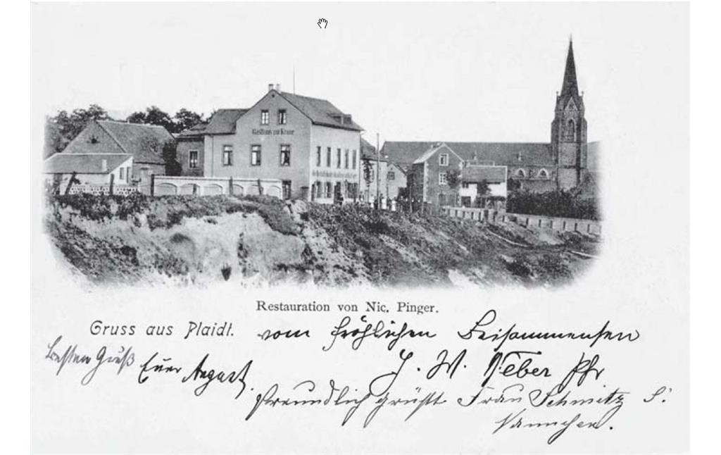 Alte Postkarte von Plaidt mit der Grube Marzis Loch im Vordergrund (1950er Jahre)