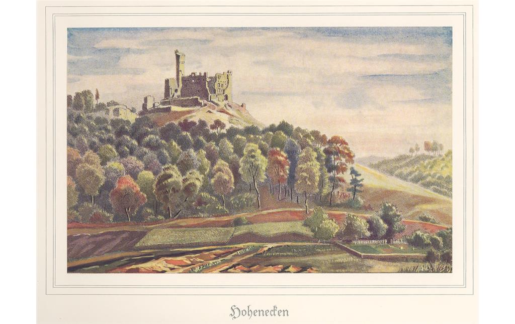 Historische Ansicht der Burgruine Hohenecken auf dem Schloßberg bei Kaiserslautern (vermutlich aus dem 19. Jahrhundert).