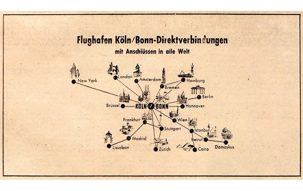 Werbeanzeige zu Direktverbindungen des Flughafens Köln/Bonn (1957).
