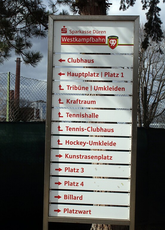 Informationstafel zu den Sportanlagen und -einrichtungen an der Dürener Westkampfbahn (2021).