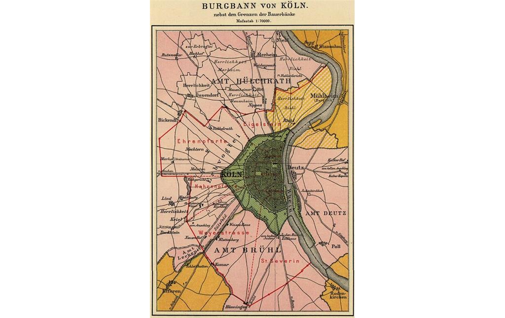 Kartenausschnitt "Burgbann von Köln, nebst den Grenzen der Bauerbänke, 1789" aus dem Geschichtlichen Atlas der Rheinprovinz (1894).