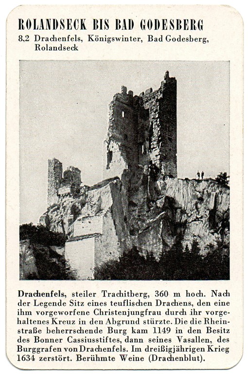 Spielkarte "Drachenfels" mit einer Ansicht der Burgruine (aus dem Quartettspiel "Der Rhein", Ravensburger Spiele Nr. 305, Otto Maier Verlag 1952).