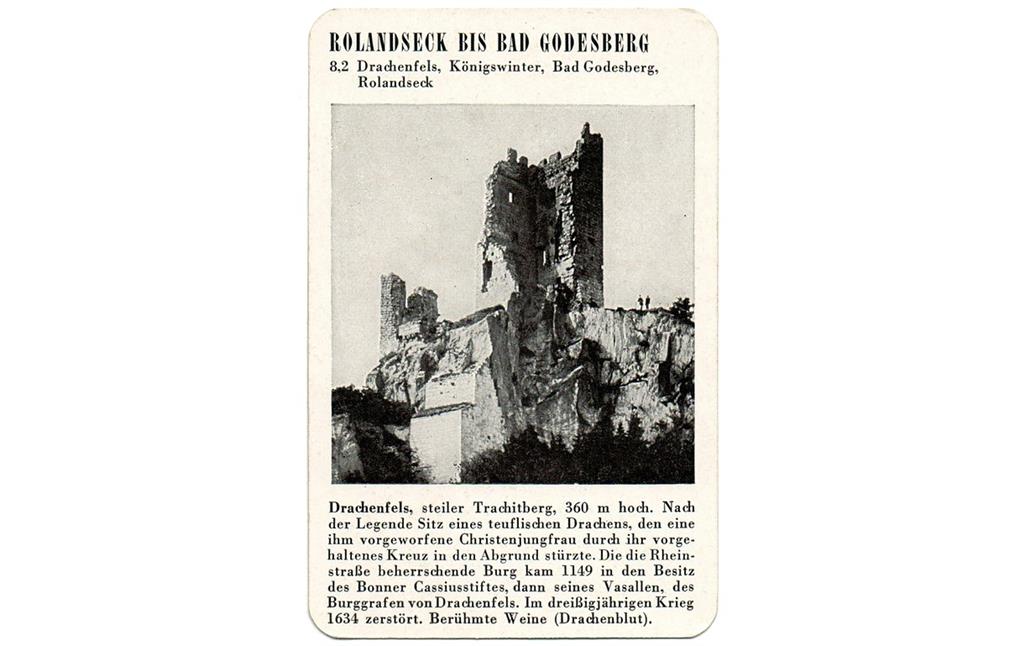 Spielkarte "Drachenfels" mit einer Ansicht der Burgruine (aus dem Quartettspiel "Der Rhein", Ravensburger Spiele Nr. 305, Otto Maier Verlag 1952).